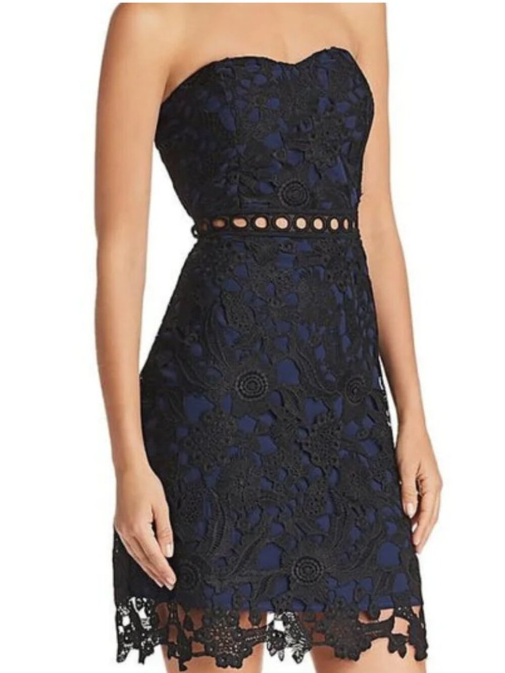 Sam Edelman Lace Waist Cutout Strapless Cocktail Dress 6 Black Navy Romantic